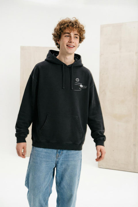 washed black organic hoodie island lines chaos and creativity