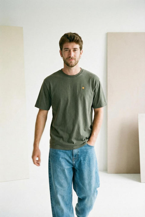 yellow dot Khaki vintage washed organic cotton t-shirt