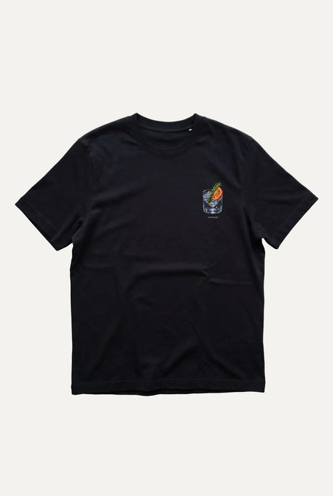 Black t-shirt with a small graphic on the chest against a light green background