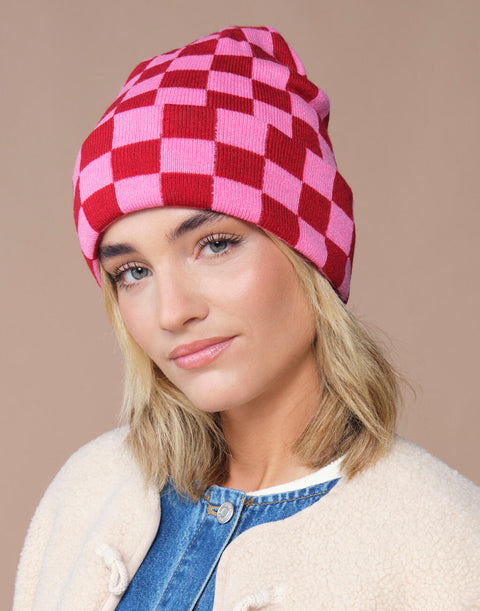 Checkerboard Beanie Classic Red/True Pink