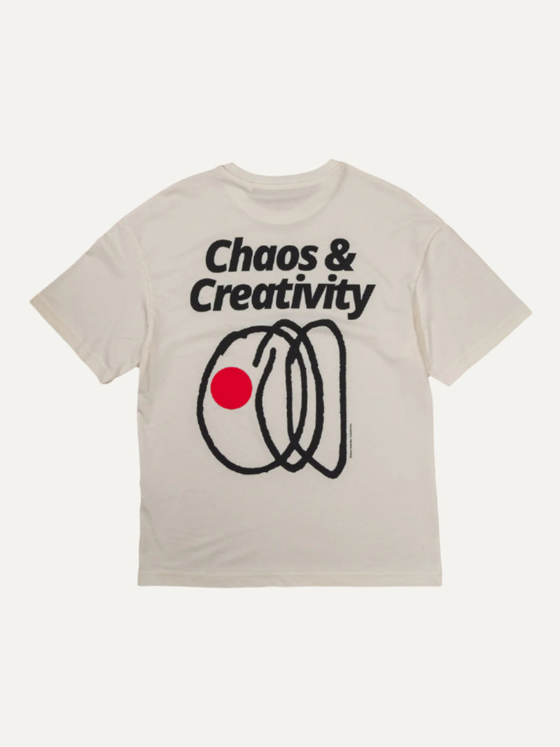 red dot logo oversized organic tee chaos and creativity