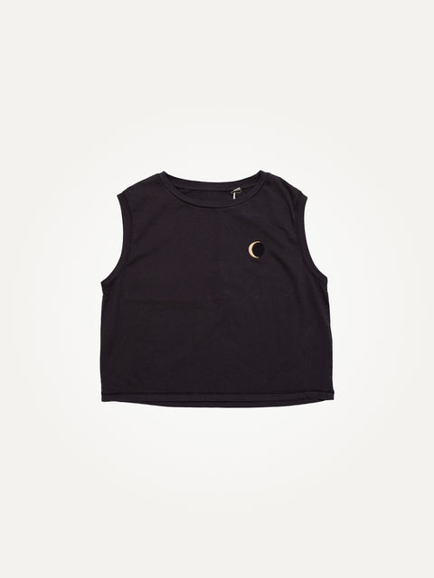 cropped tank washed black organic cotton with moon embroidery