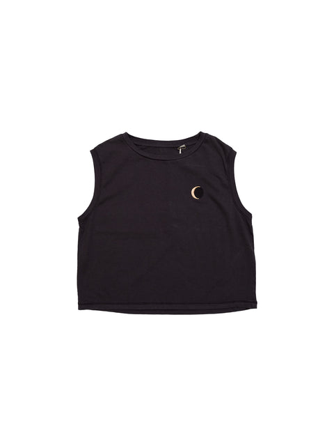 cropped tank washed black organic cotton with moon embroidery