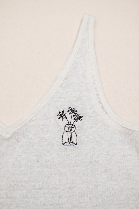 white linen tank top with flower