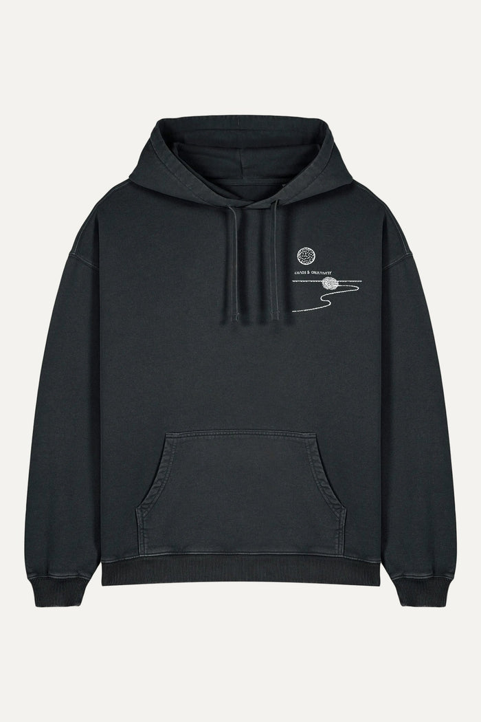 washed black organic hoodie island lines chaos and creativity