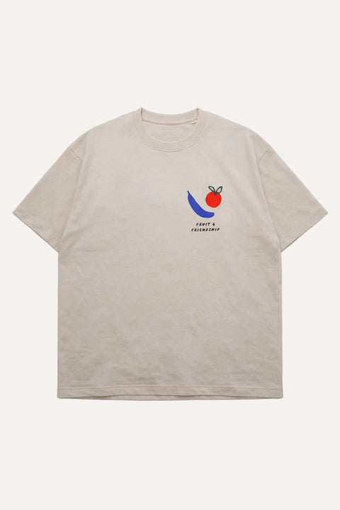 Beige t-shirt with a graphic design on a white background