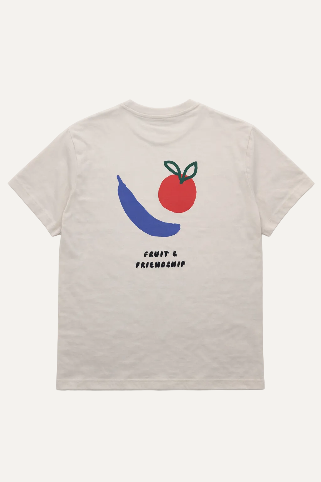 Beige t-shirt with fruit graphic and text on a white background