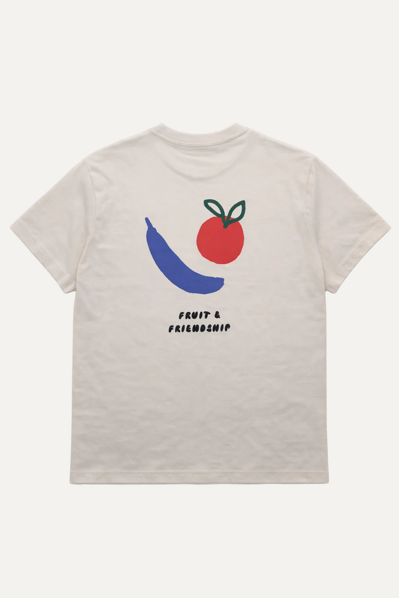Beige t-shirt with fruit graphic and text on a white background