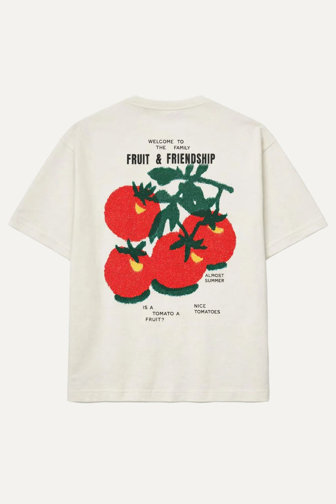 White t-shirt with red tomato graphic and text on a white background