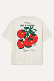 White t-shirt with red tomato graphic and text on a white background