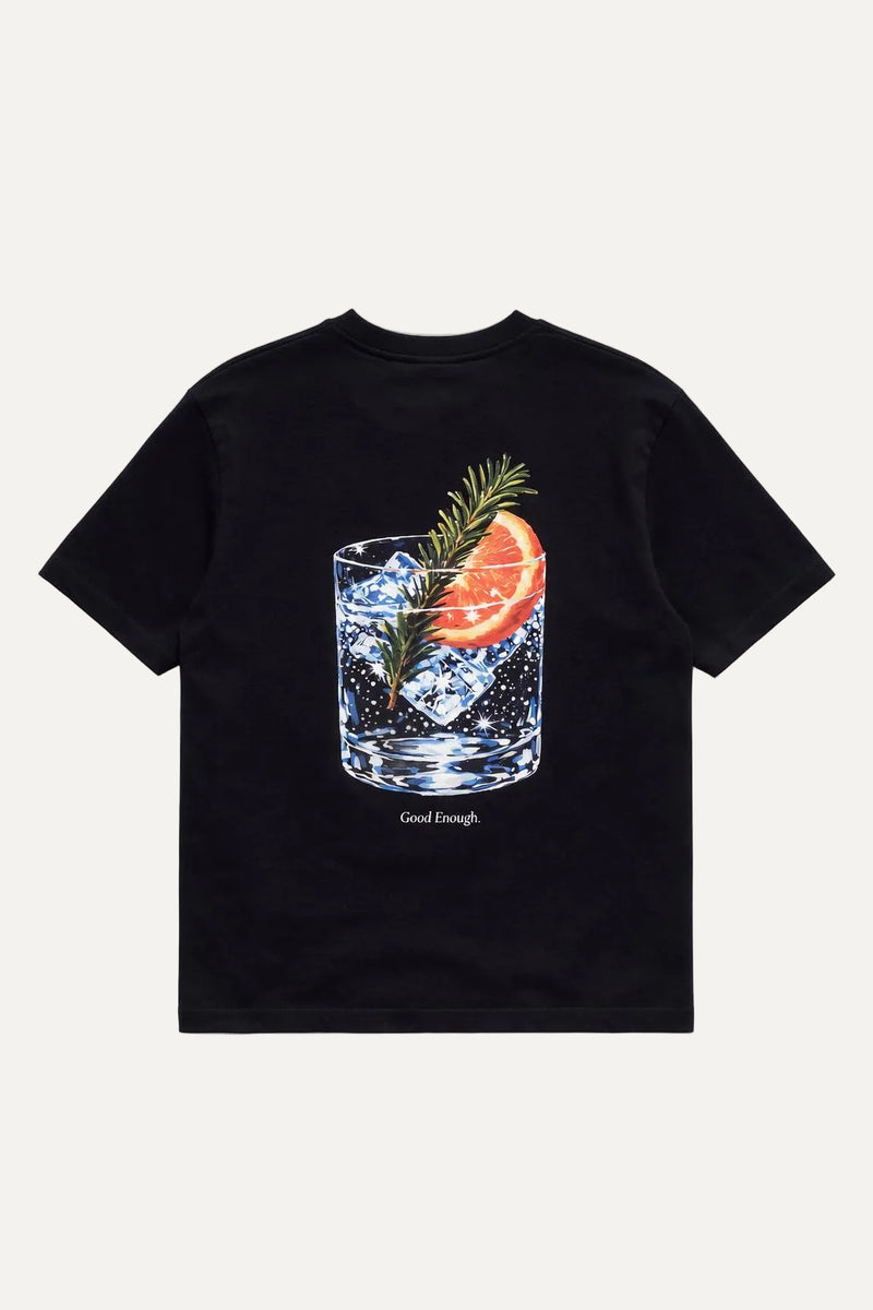 Black t-shirt with a graphic of a glass of cocktail with an orange and rosemary on a white background