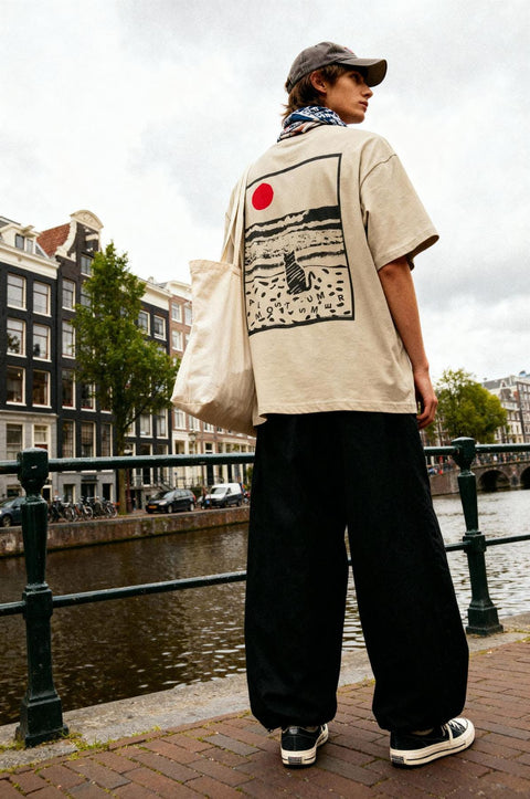 cat on the beach heavy oversized organic t-shirt