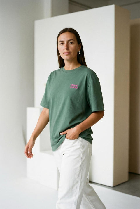 Chaos and Creativity embroidery logo greenbay organic loose fit