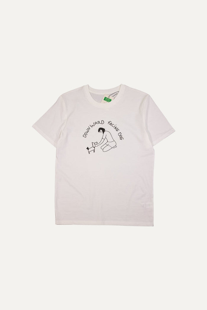 downward facing dog white organic cotton T-shirt