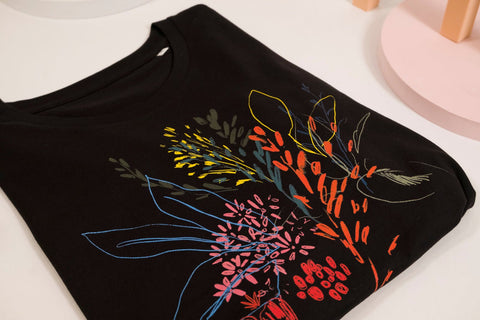 floral drawings black organic rolled sleeve loose t-shirt te koop bij Almost Summer Amsterdam 10390