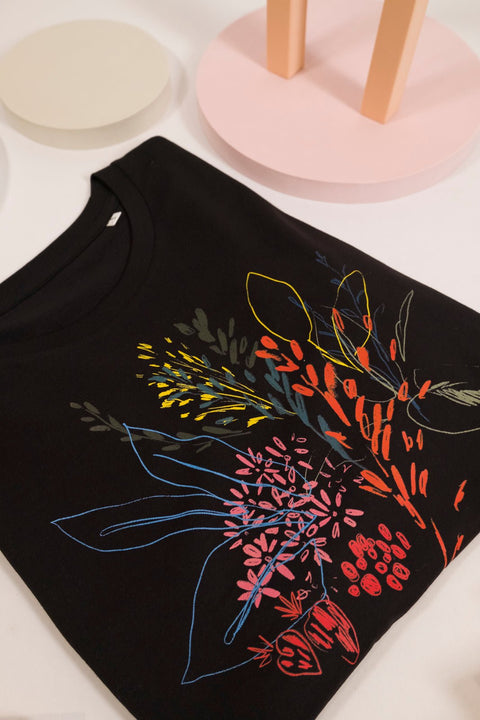 floral drawings black organic rolled sleeve loose t-shirt te koop bij Almost Summer Amsterdam 10390