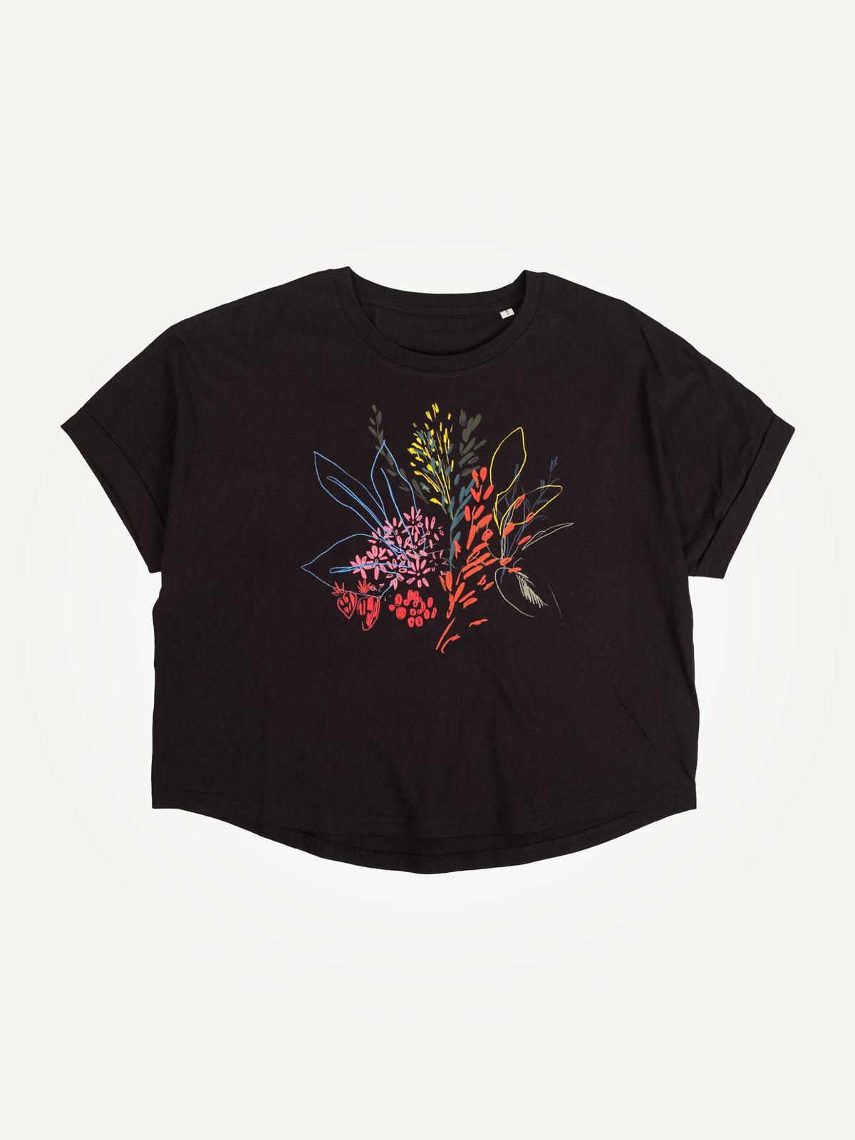 floral drawings black organic rolled sleeve loose t-shirt te koop bij Almost Summer Amsterdam 10390