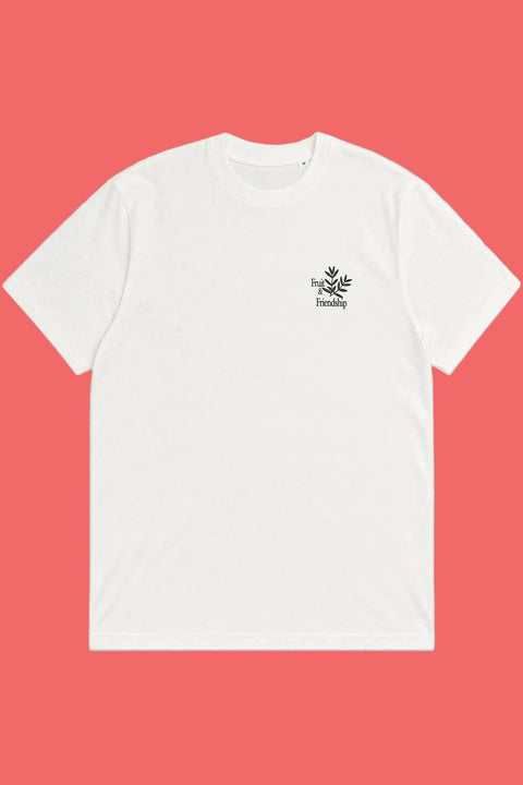 A white short-sleeve crewneck t-shirt with a small black graphic on the left chest featuring a flower and the text 'I'm Healthy'.