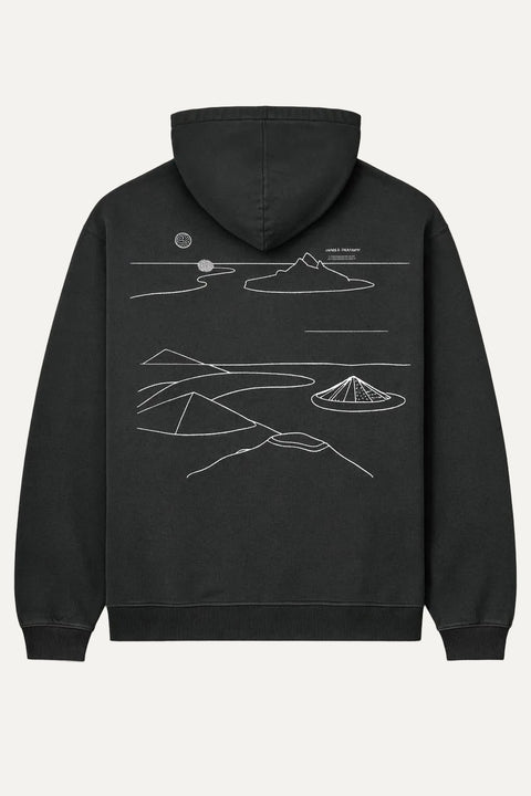 washed black organic hoodie island lines chaos and creativity