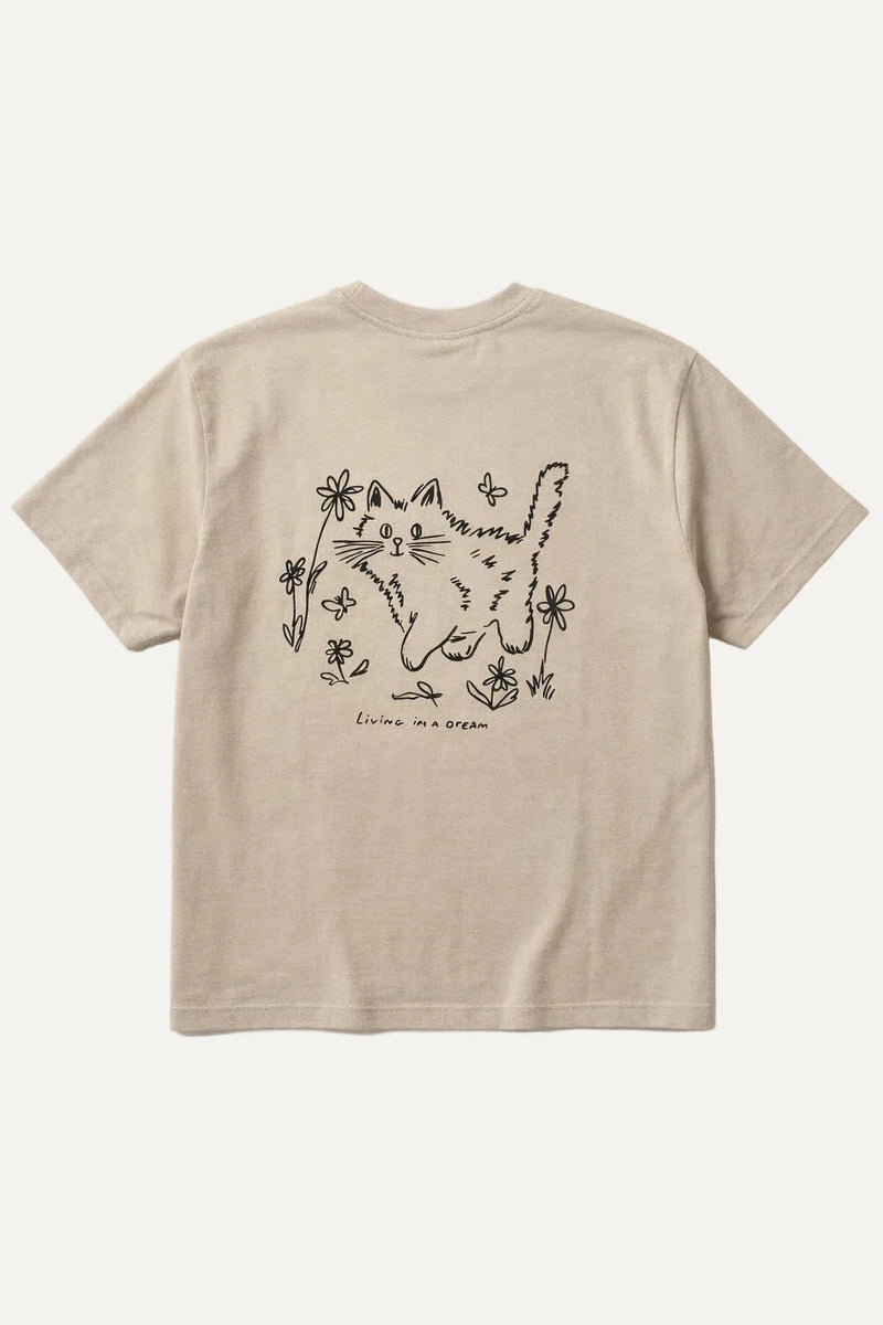 Beige t-shirt with a cat and floral design on the back against a white background
