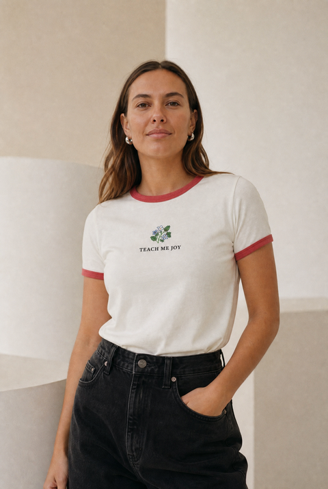 Teach me joy womens Ringer Tee organic cotton