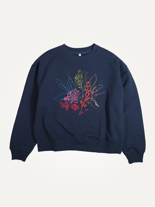 floral drawings denim blue organic cotton women's sweater