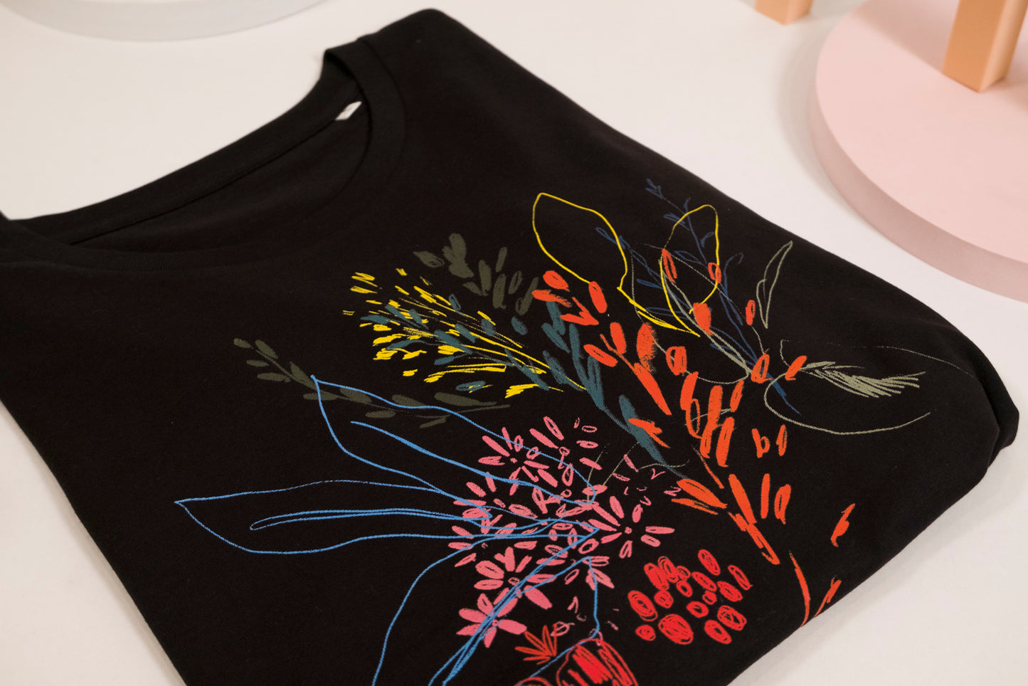 floral drawings black organic rolled sleeve loose t-shirt