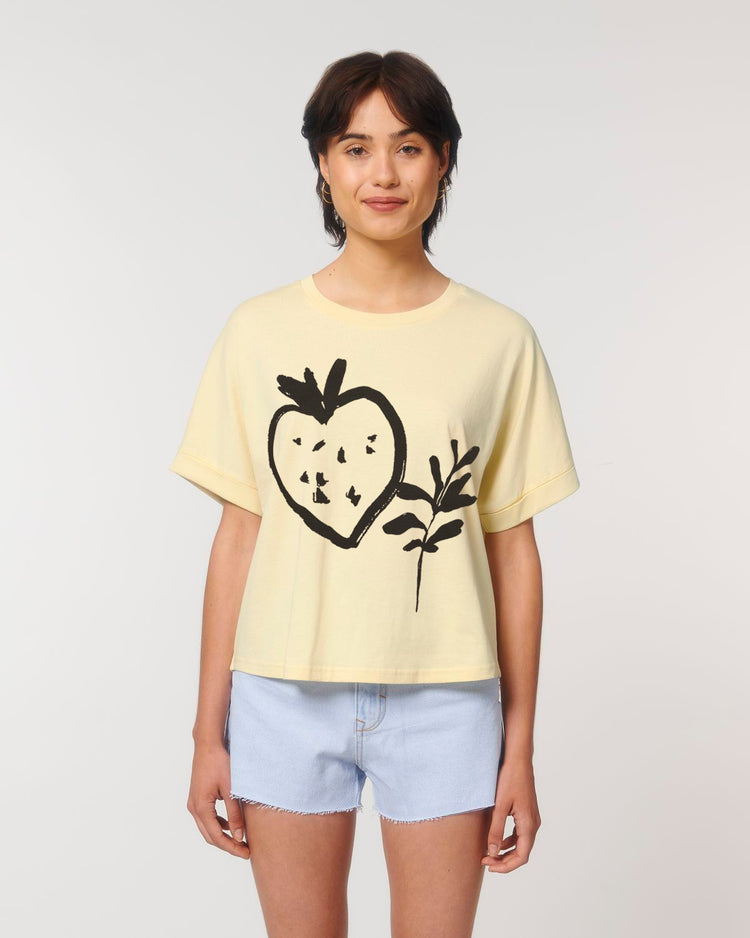 Fruit salade rolled sleeve women's butter yellow  t-shirt