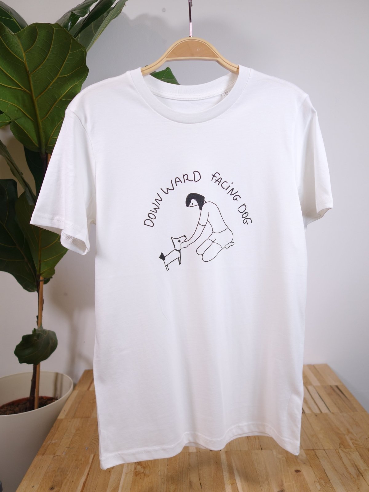 downward facing dog white organic cotton t-shirt te koop in de webshop van Almost Summer Amsterdam