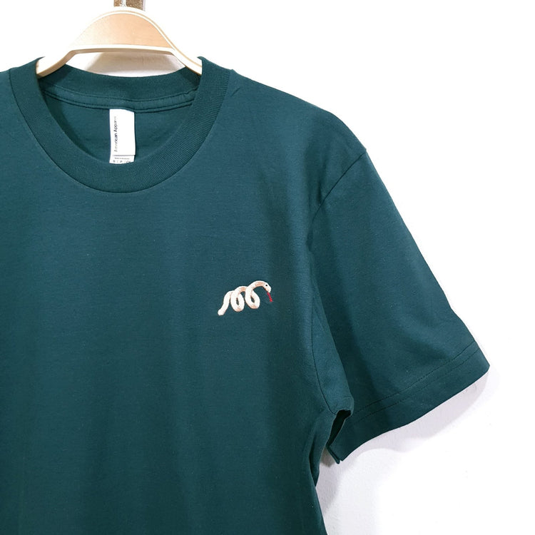 mini snake glazed green unisex organic cotton t-shirt te koop in de webshop van Almost Summer Amsterdam