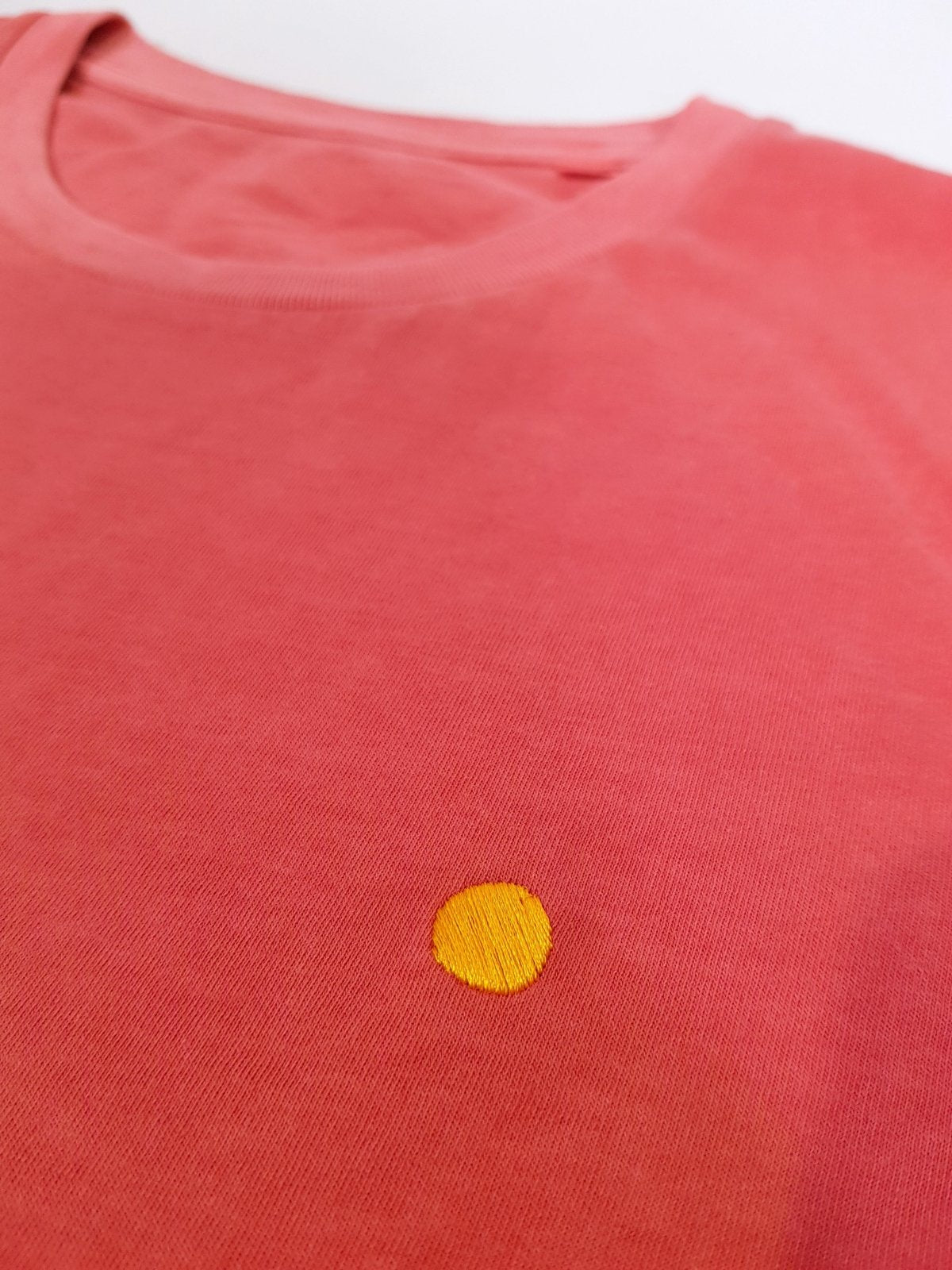yellow dot G. Dyed Carmine Red Unisex Tees te koop in de webshop van Almost Summer Amsterdam